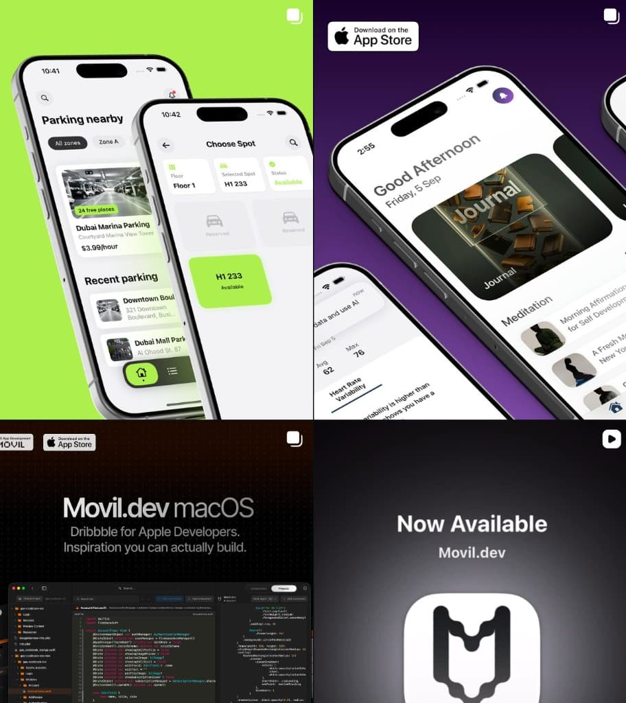 iOS UI showcases — parking app, journal, and macOS developer inspiration