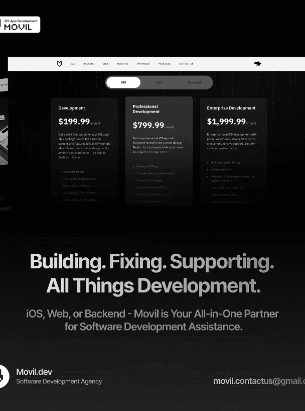 Movil development packages — iOS, web, and backend pricing